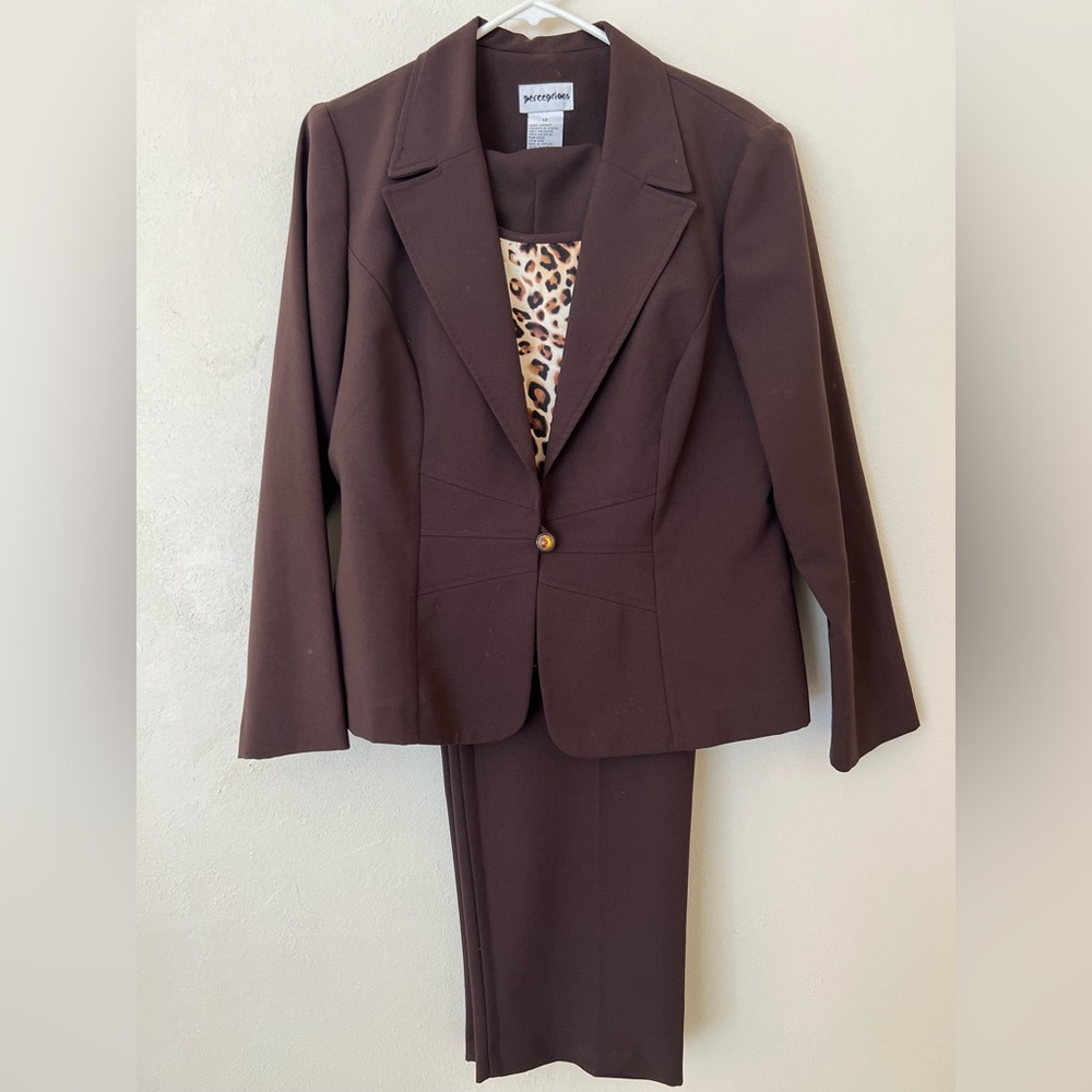 Dark brown Cocoa suit with leopard print top in size 12.
